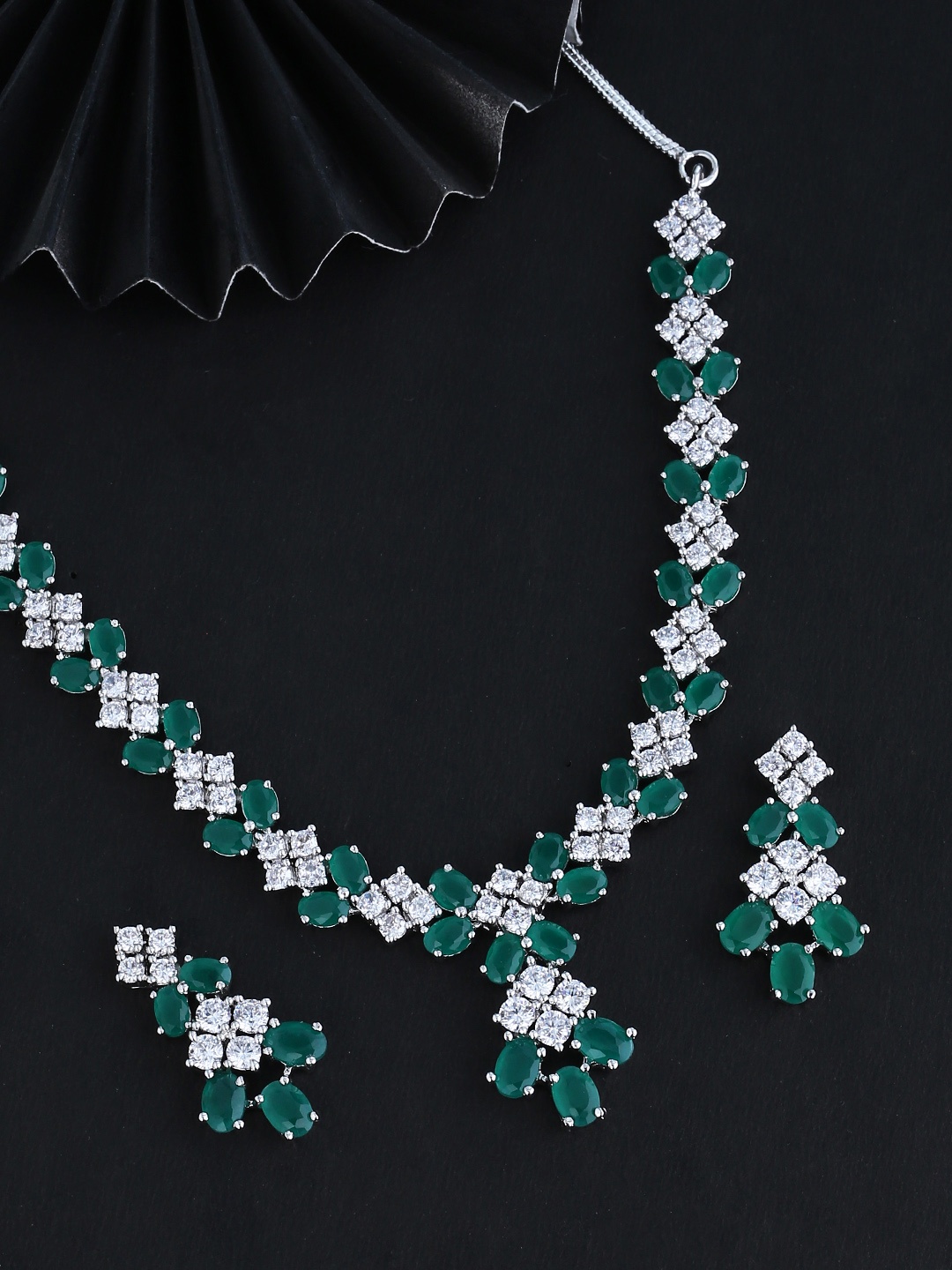 

Voylla White & Green Silver-Plated CZ -Studded Handcrafted Jewellery Set