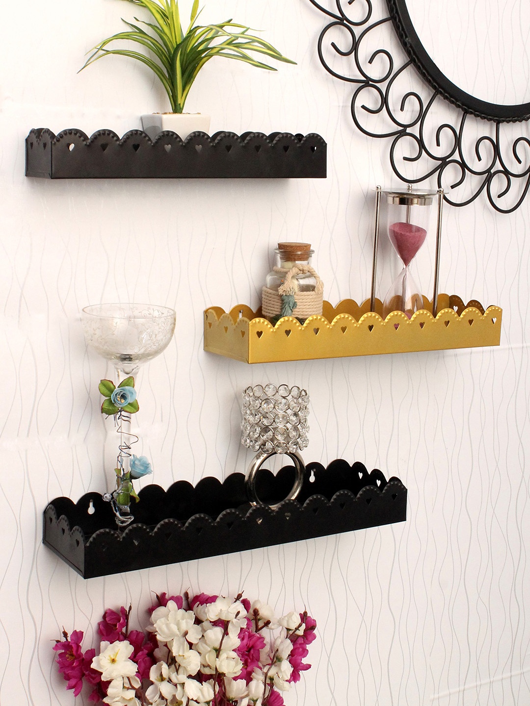 

Home Sparkle Set Of 3 Gold-Toned & Black Metal Basic Wall Shelf