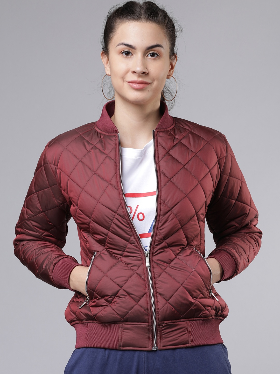 

Tokyo Talkies Women Maroon Solid Quilted Jacket