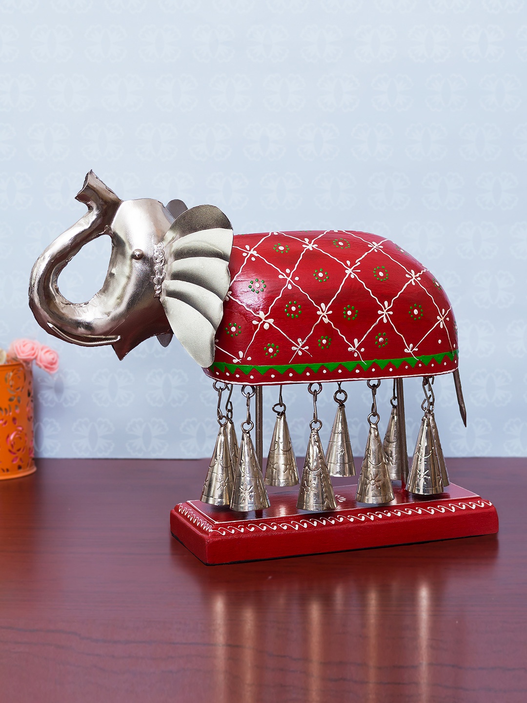 

Golden Peacock Red & Silver-Toned Handcrafted Wooden Elephant Showpiece