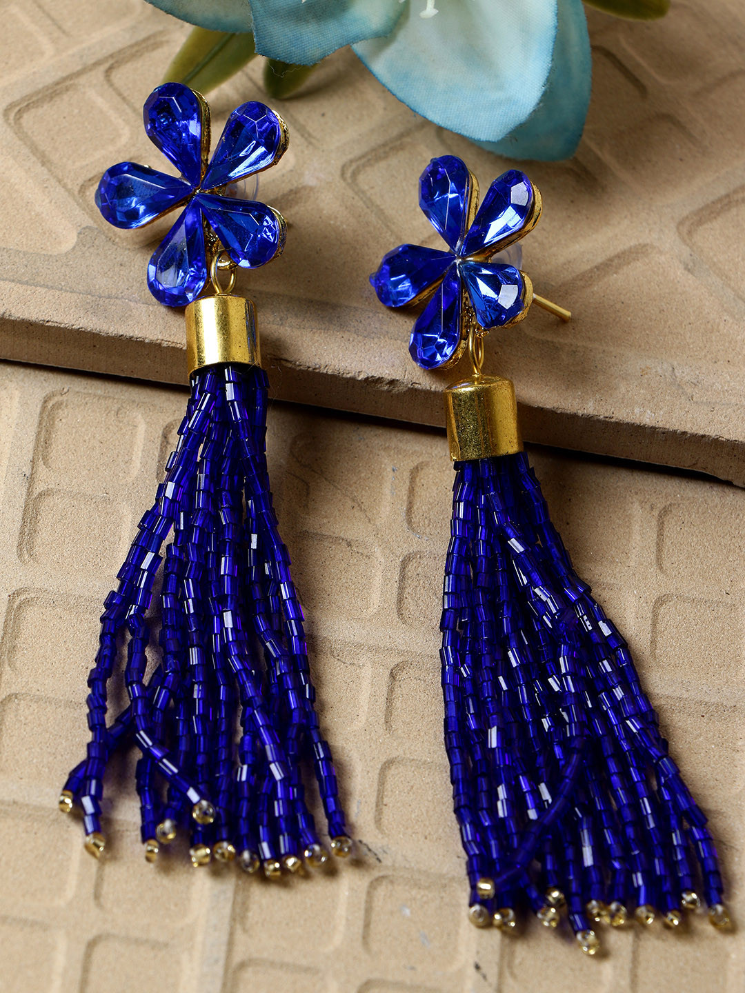 

ANIKAS CREATION Blue & Gold-Plated Floral Drop Earrings