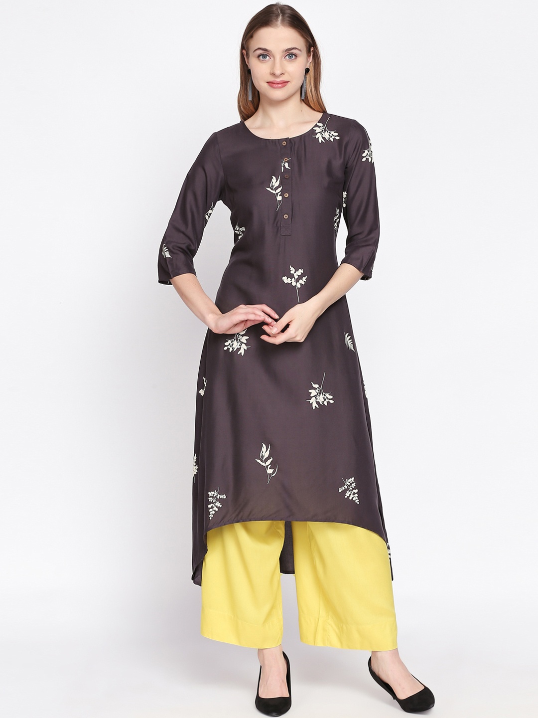 

RANGMANCH BY PANTALOONS Women Charcoal Grey & Off-White Floral Printed A-Line Kurta
