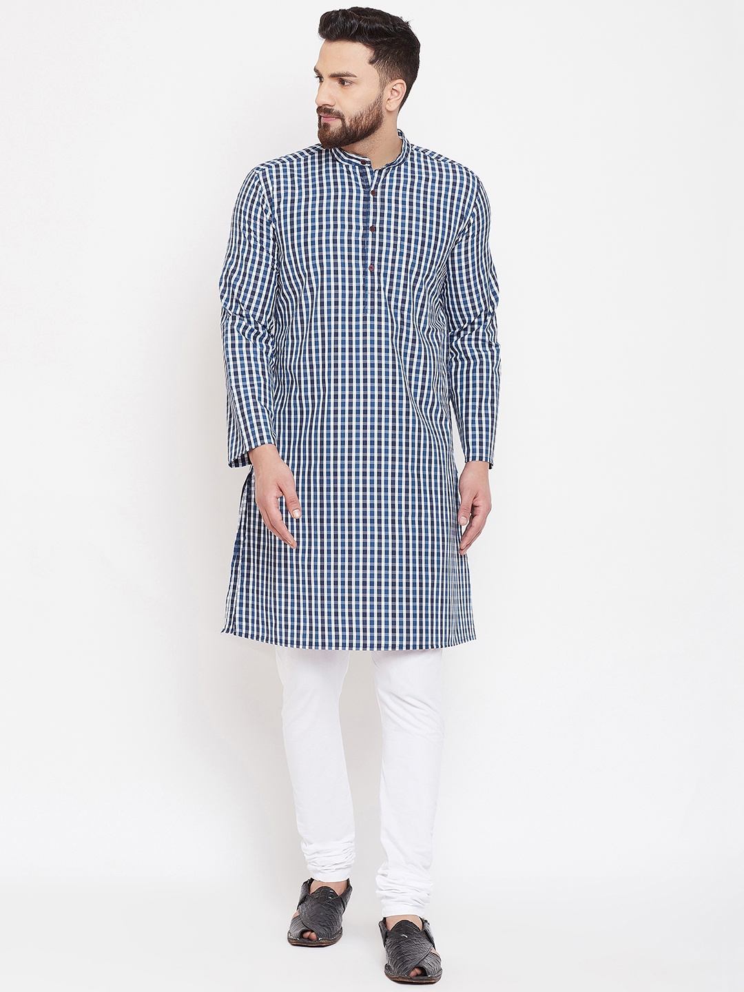 

even Men Blue & White Checked Straight Kurta