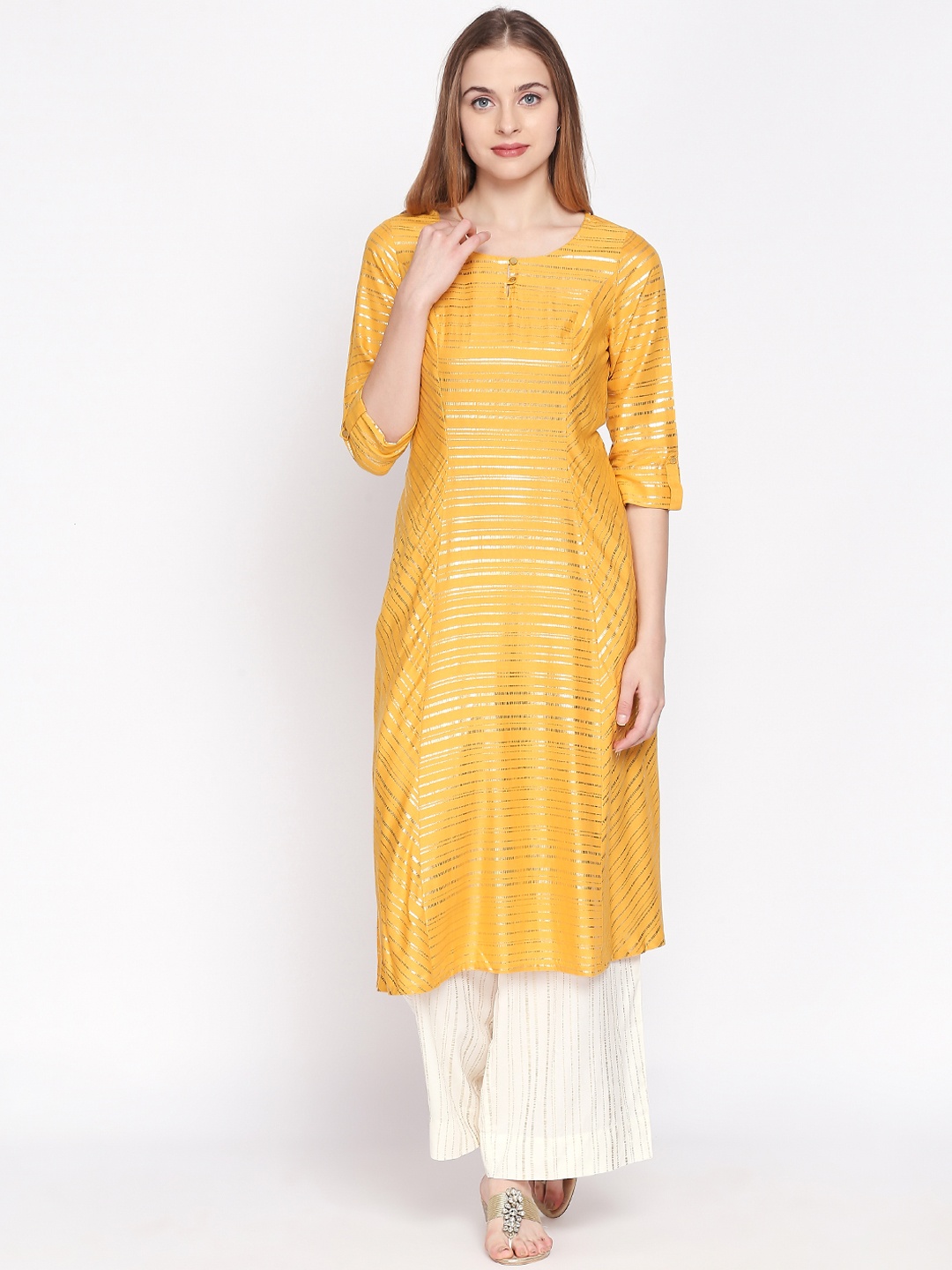 

RANGMANCH BY PANTALOONS Women Mustard & Gold-Toned Striped Straight Kurta