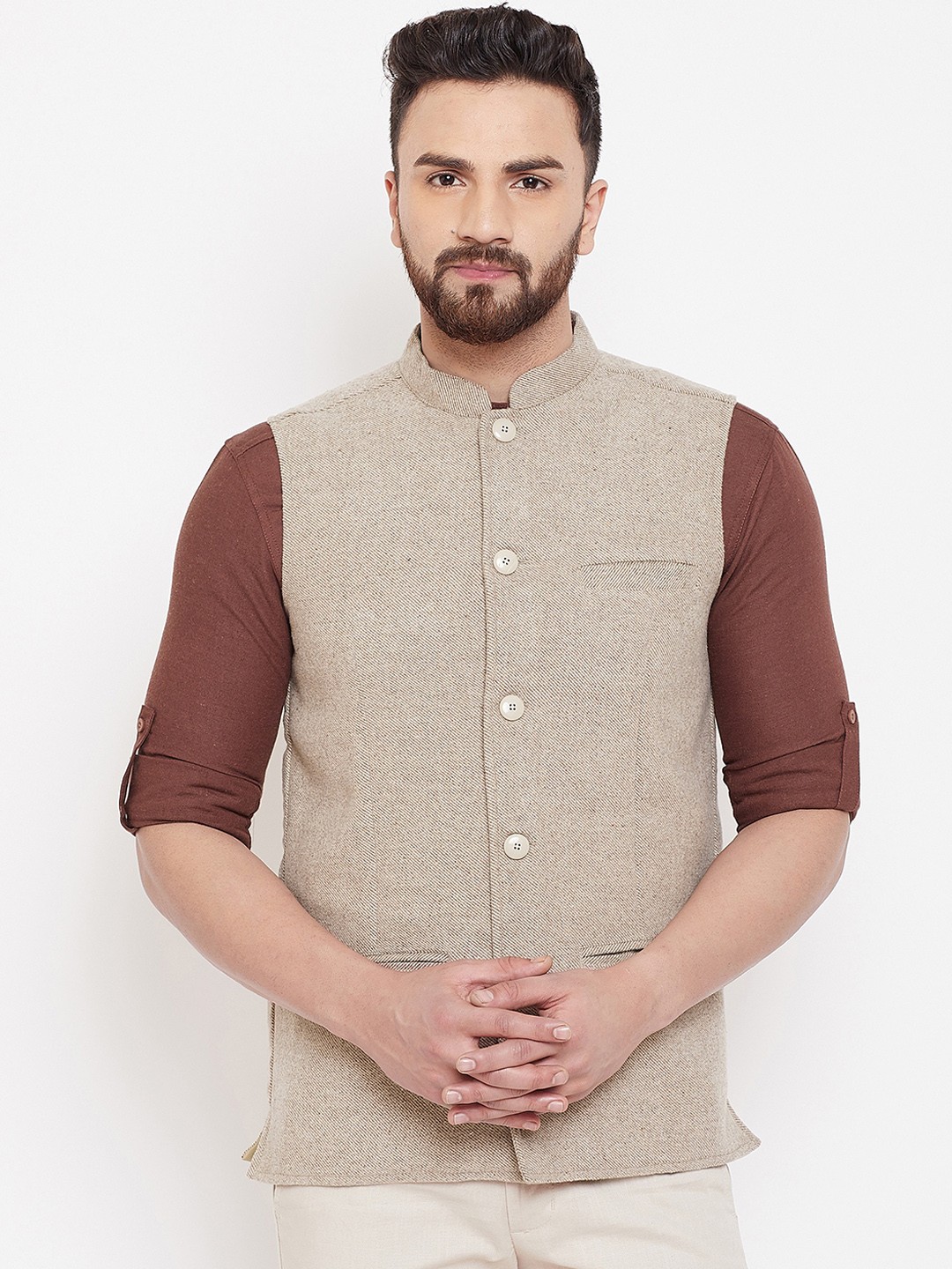 

even Men Beige Solid Woven Pure Wool Nehru Jacket