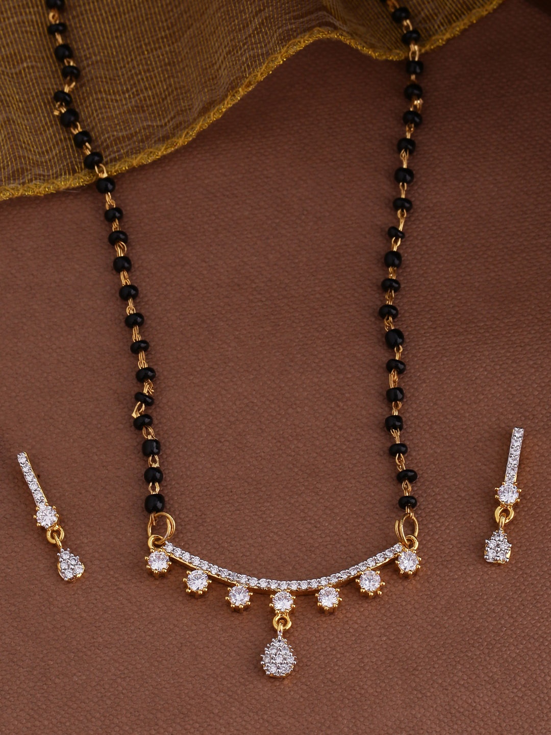 

Shoshaa Black & Silver-Toned Gold-Plated Mangalsutra With Earring Set