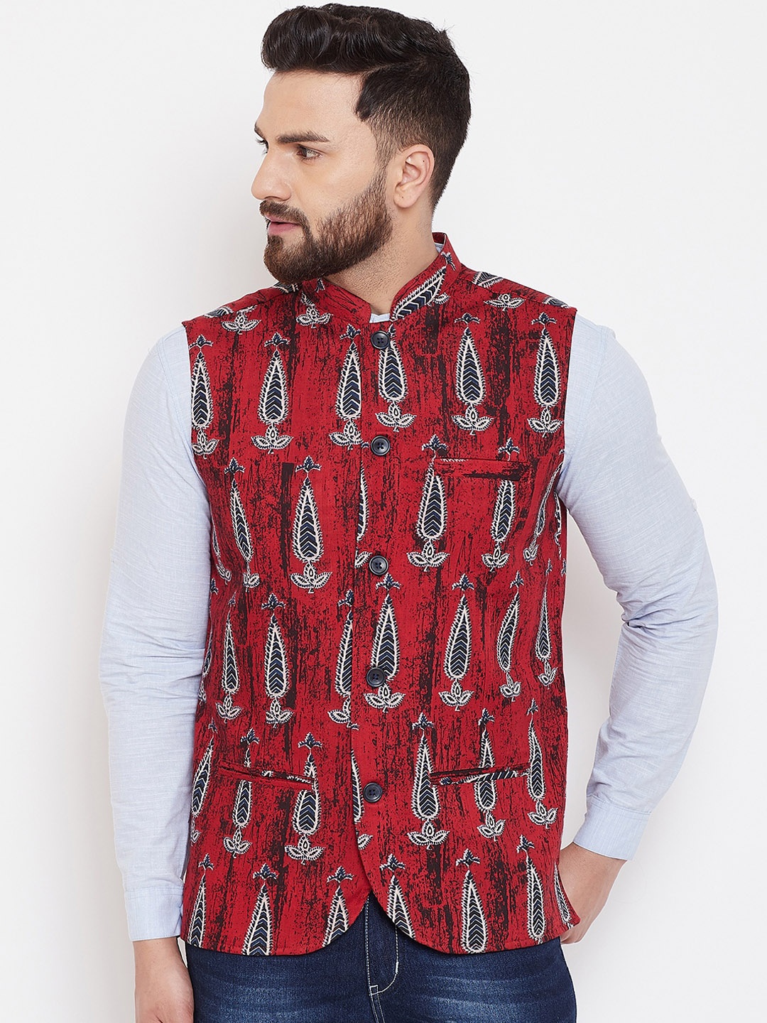 

even Men Maroon & Black Printed Woven Nehru Jacket