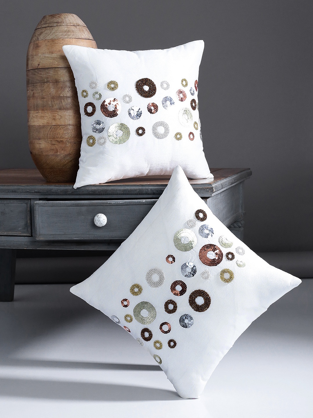 

Alina decor Off-White & Bronze-Toned Set of 2 Embellished Square Cushion Covers