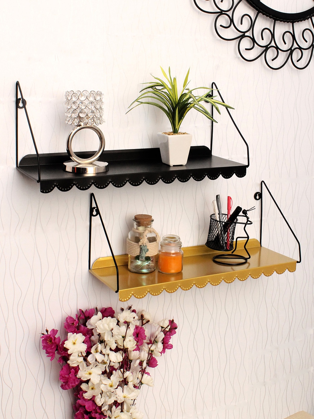 

Home Sparkle Set Of 2 Gold-Toned & Black Metal Basic Wall Shelf