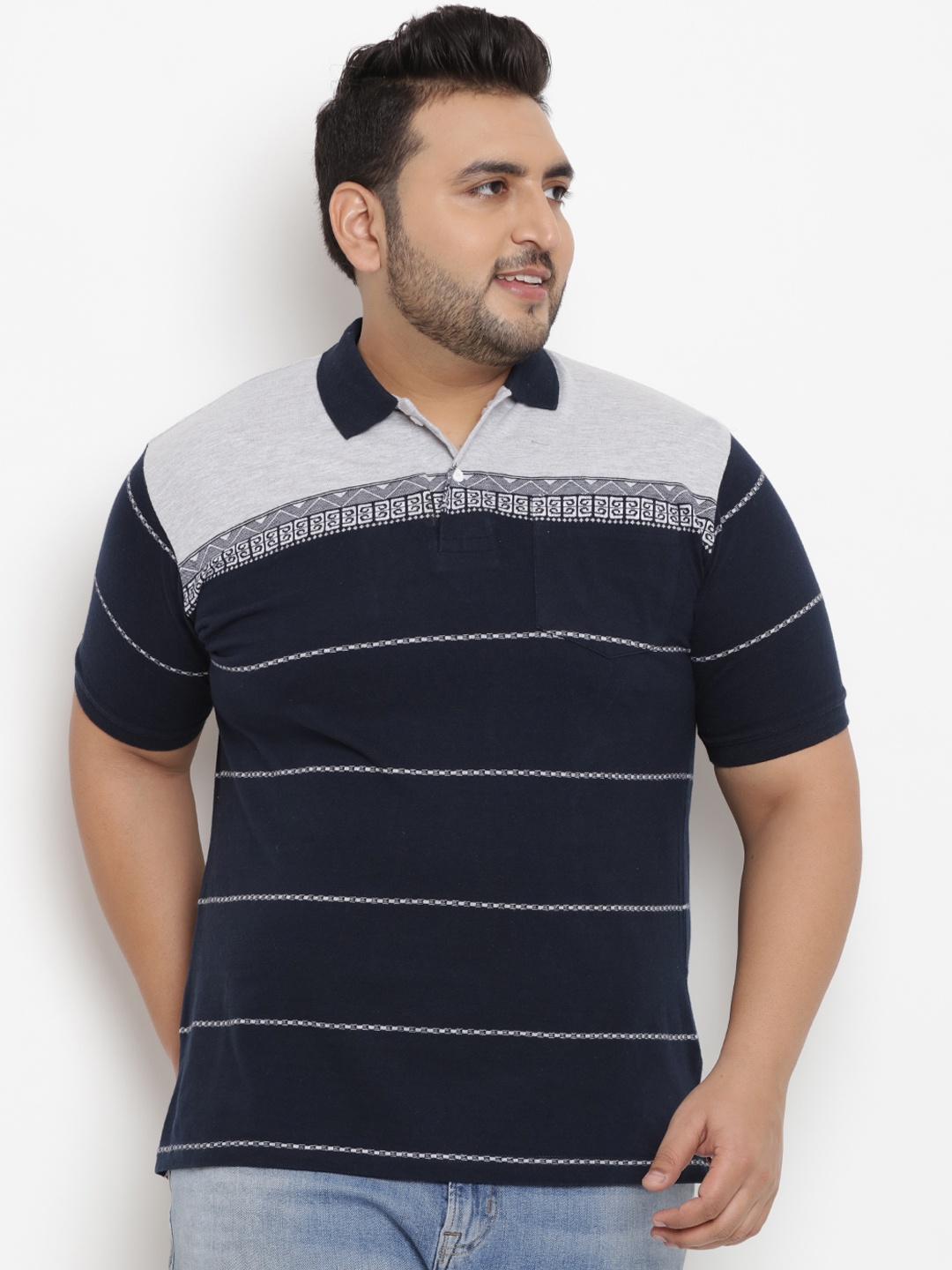 

John Pride Plus Size Men Navy Blue Striped Polo Collar Pure Cotton T-shirt