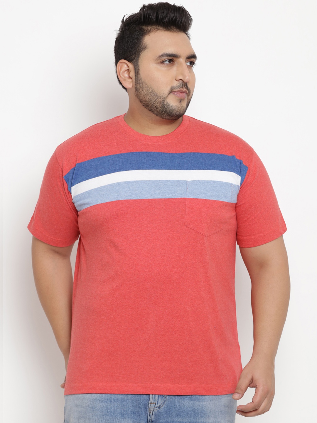 

John Pride Plus Size Men Coral Pink Blue Striped Round Neck Pure Cotton T-shirt