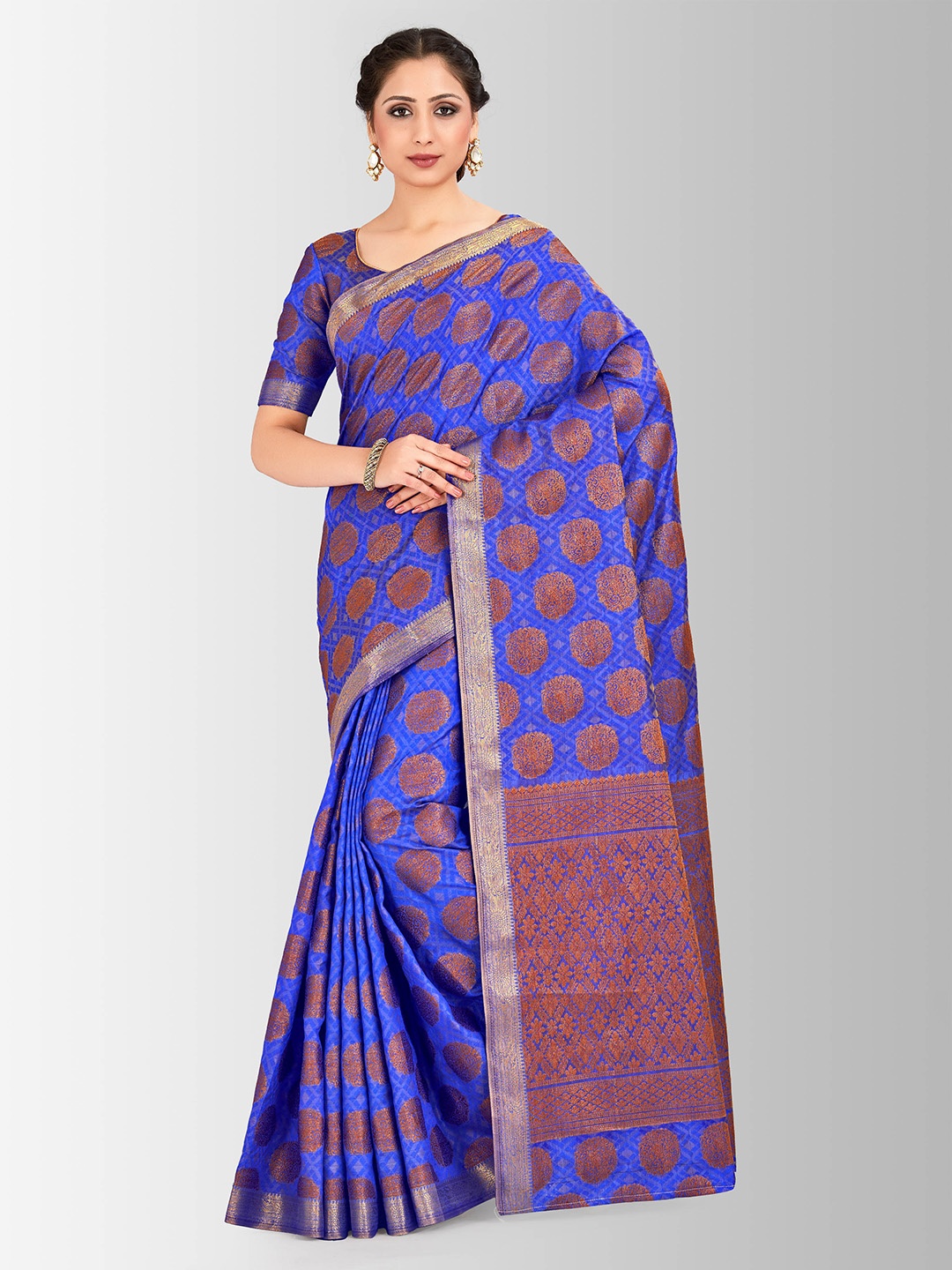 

MIMOSA Blue & Gold-Toned Art Silk Woven Design Kanjeevaram Saree