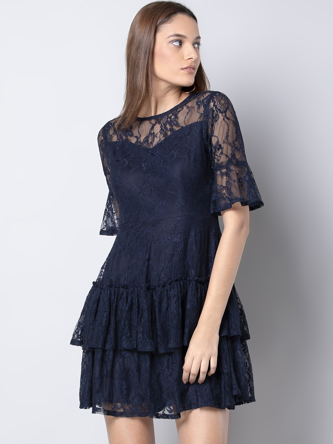 

FabAlley Women Blue Self Design Fit and Flare Dress