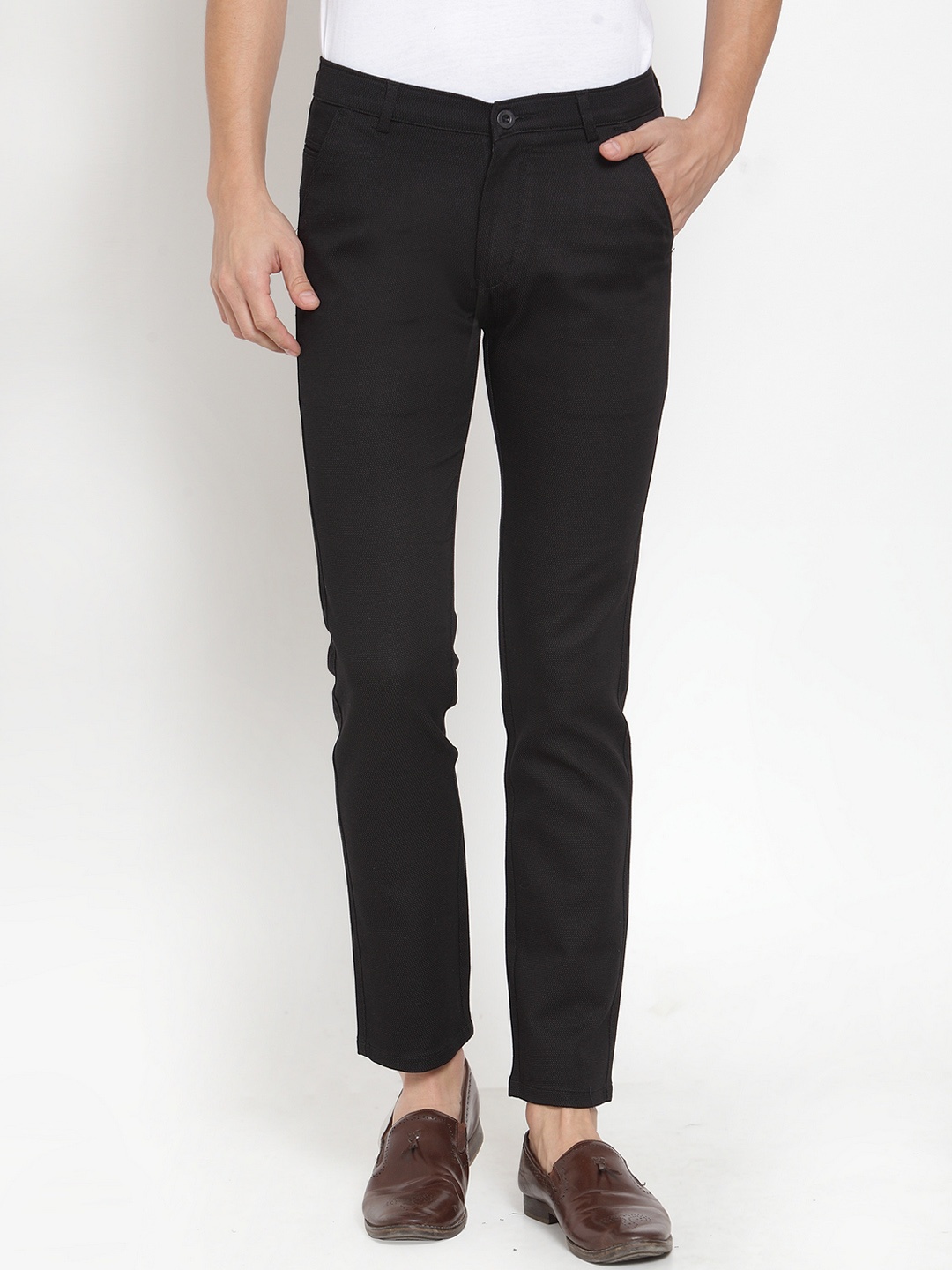 

Rodamo Men Black Slim Fit Solid Regular Trousers