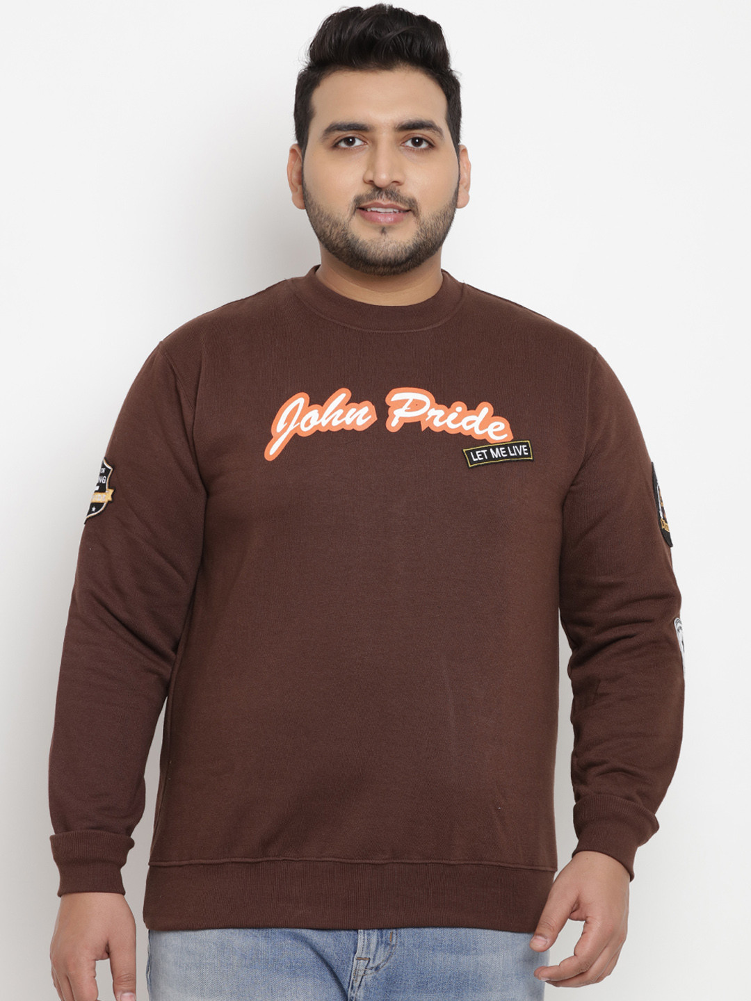 

John Pride Plus Size Men Brown Printed Pullover Sweatshirt