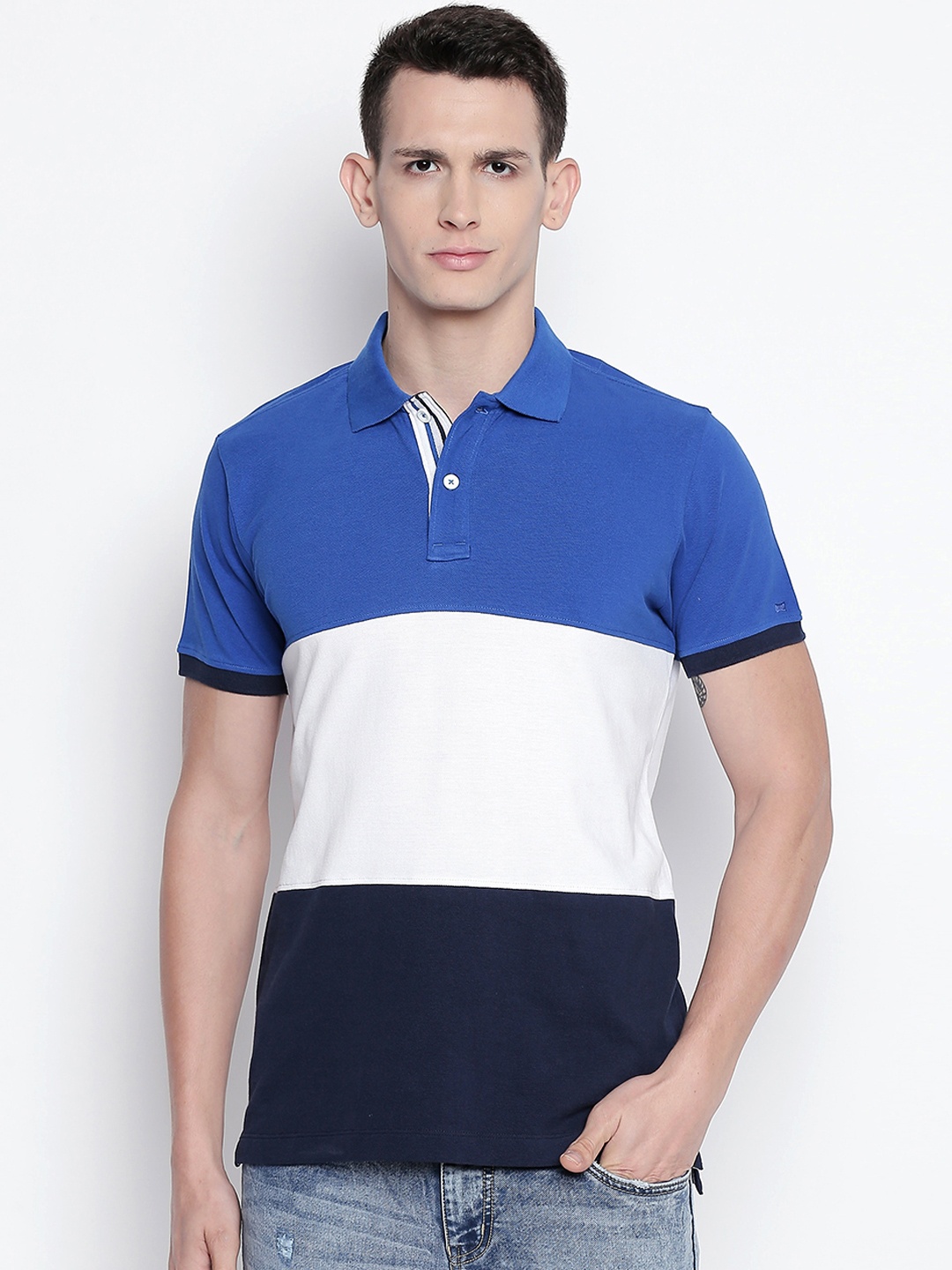 

Basics Men Blue Colourblocked Polo Collar Pure Cotton T-shirt