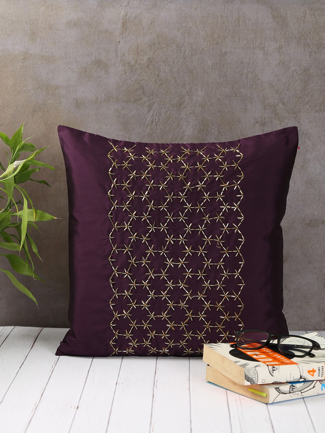 

India Circus by Krsnaa Mehta Purple Single Embellished Square Cushion Covers