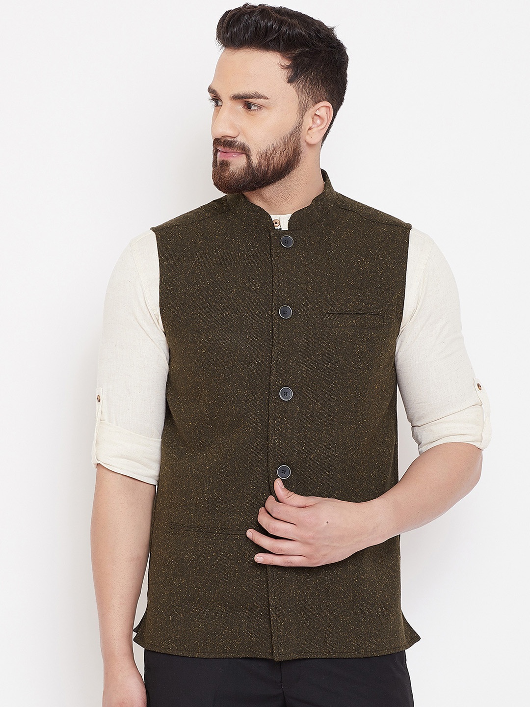 

even Men Green Solid Woven Tweed Nehru Jacket