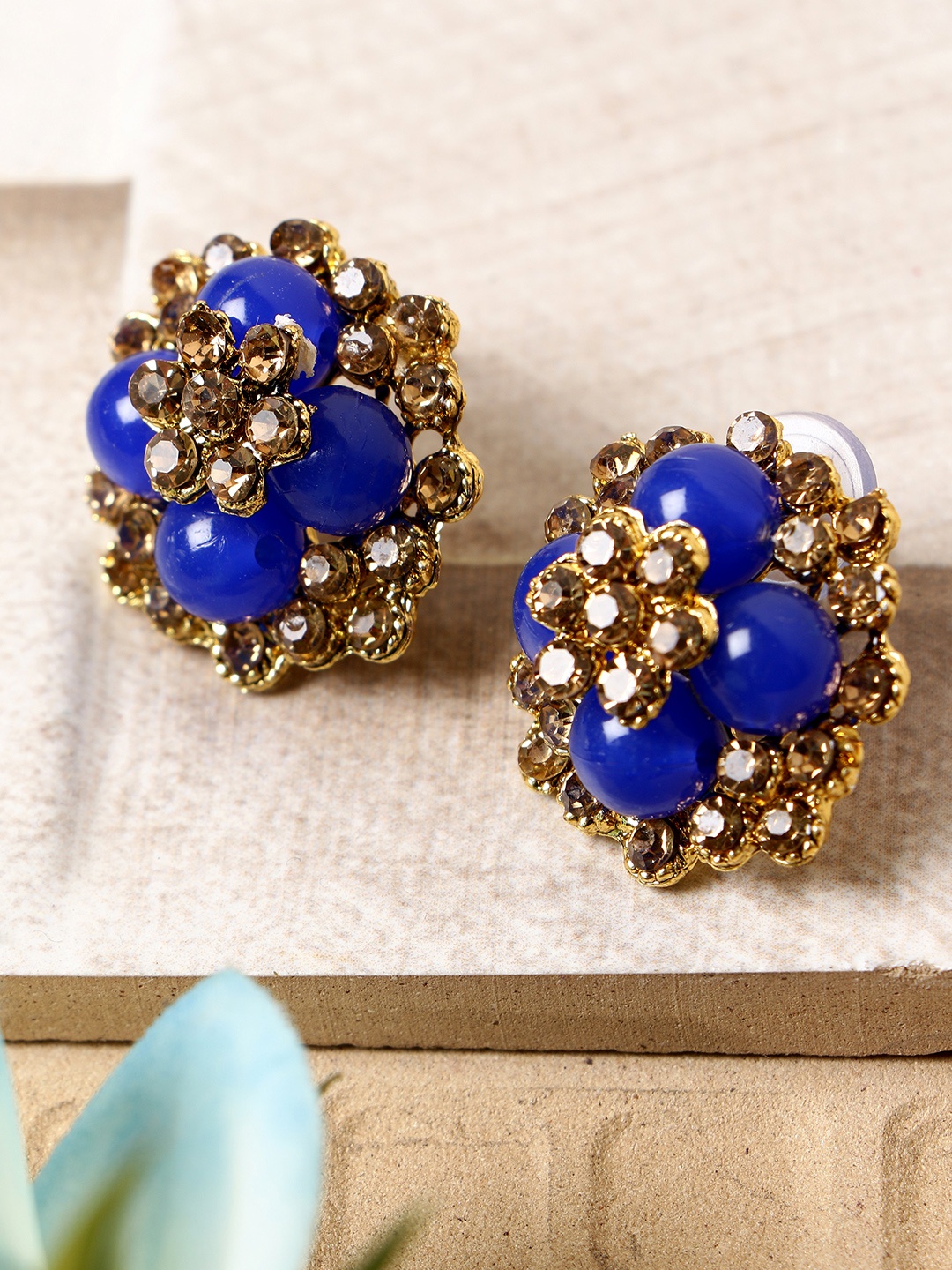 

ANIKAS CREATION Blue & Gold-Plated Handcrafted Floral Studs