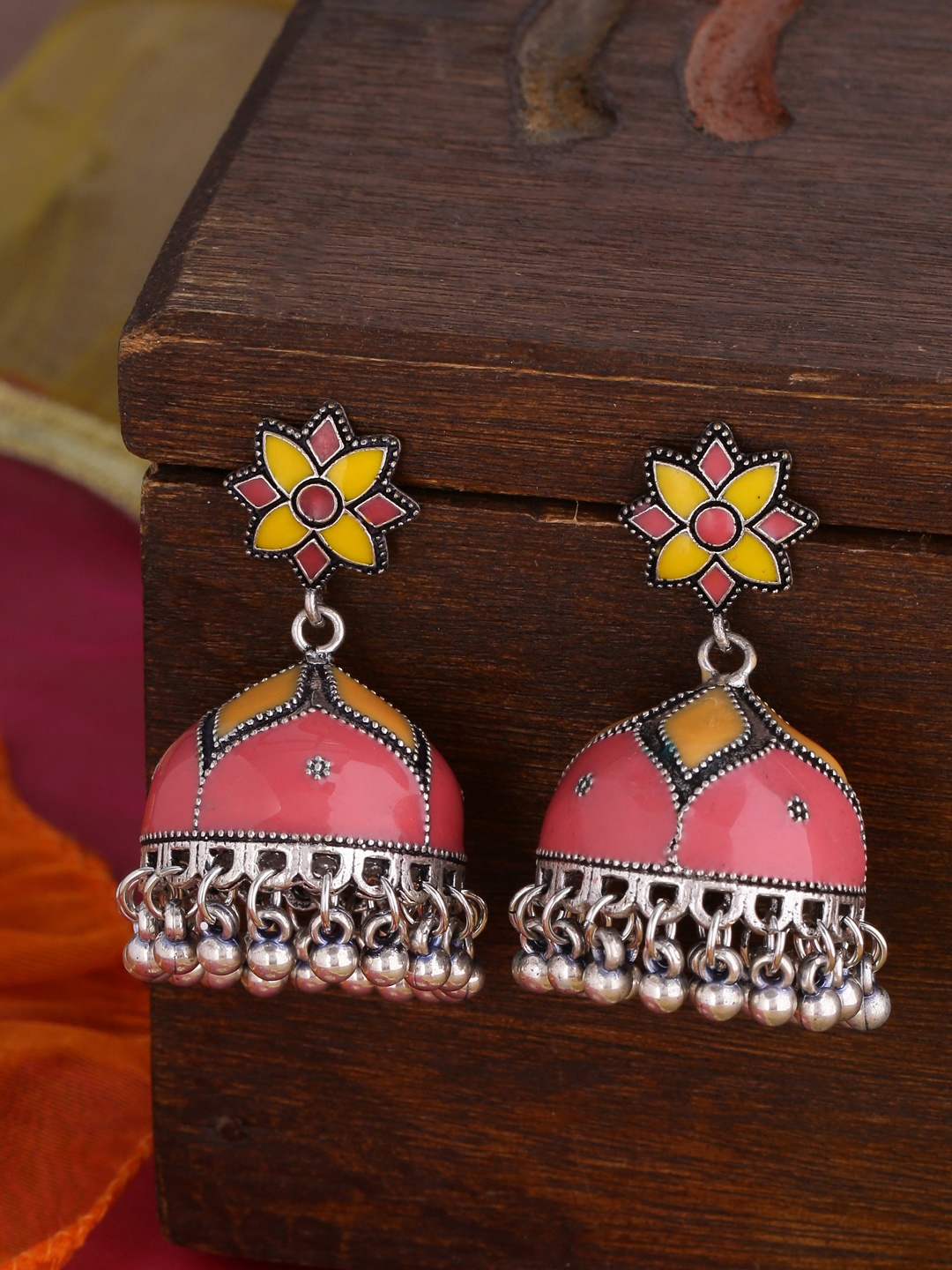 

Shoshaa Pink & Yellow Oxidised Dome Shaped Jhumkas