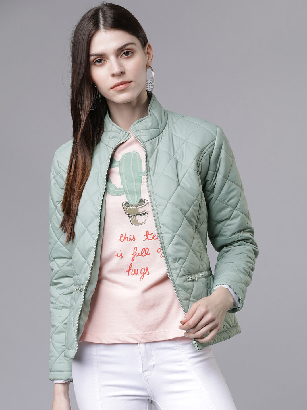 

Tokyo Talkies Women Green Solid Quilted Jacket