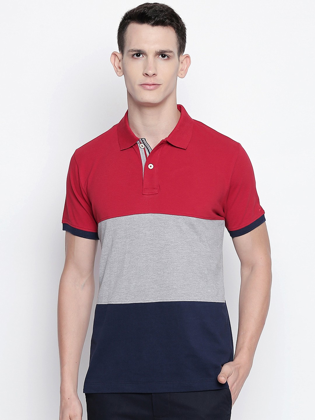 

Basics Men Red Colourblocked Polo Collar T-shirt