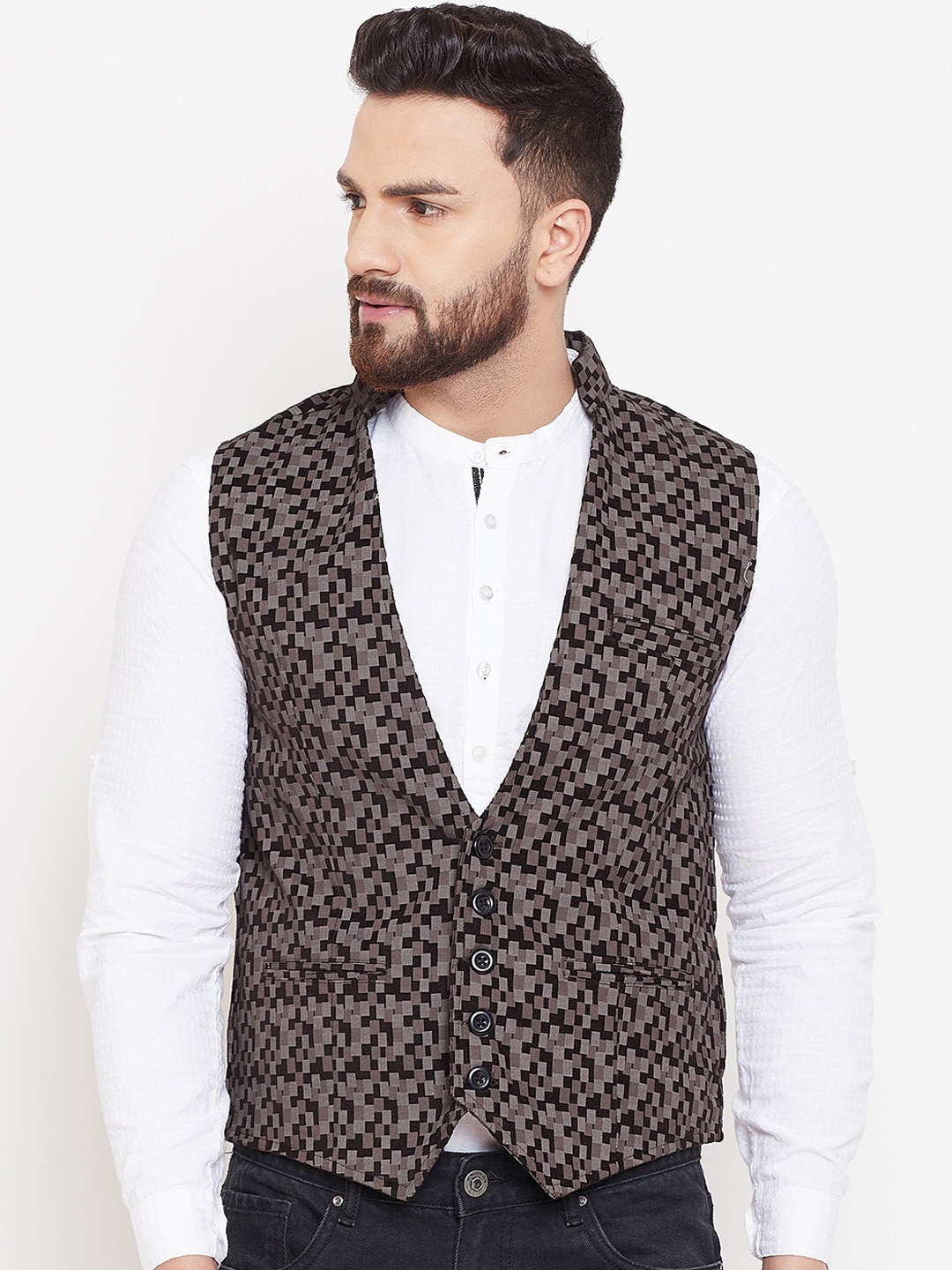 

even Men Grey & Black Printed Woven Nehru Jacket