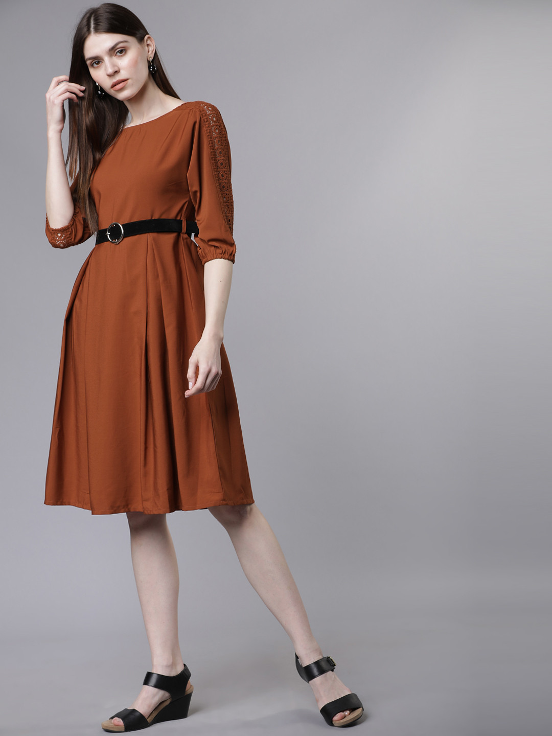 

Tokyo Talkies Women Brown Solid Fit and Flare Dress