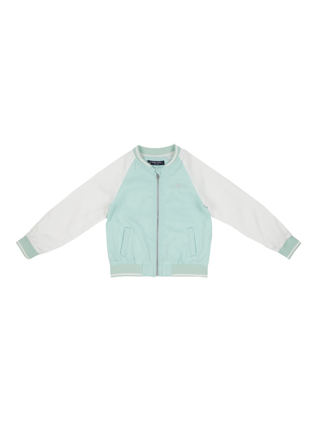 

Allen Solly Junior Girls Sea Green & White Solid Varsity Jacket