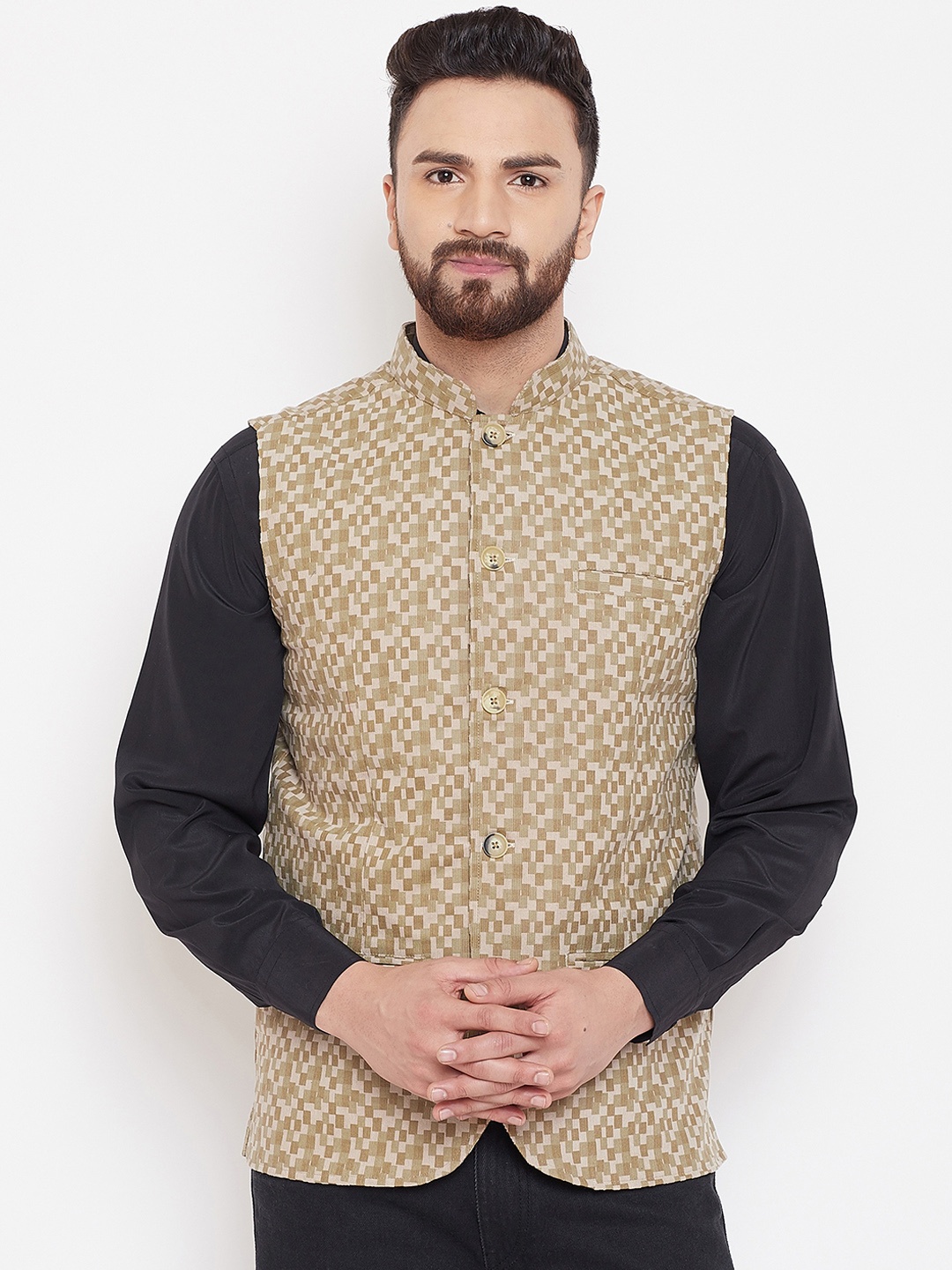 

even Men Beige Printed Woven Pure Cotton Nehru Jacket