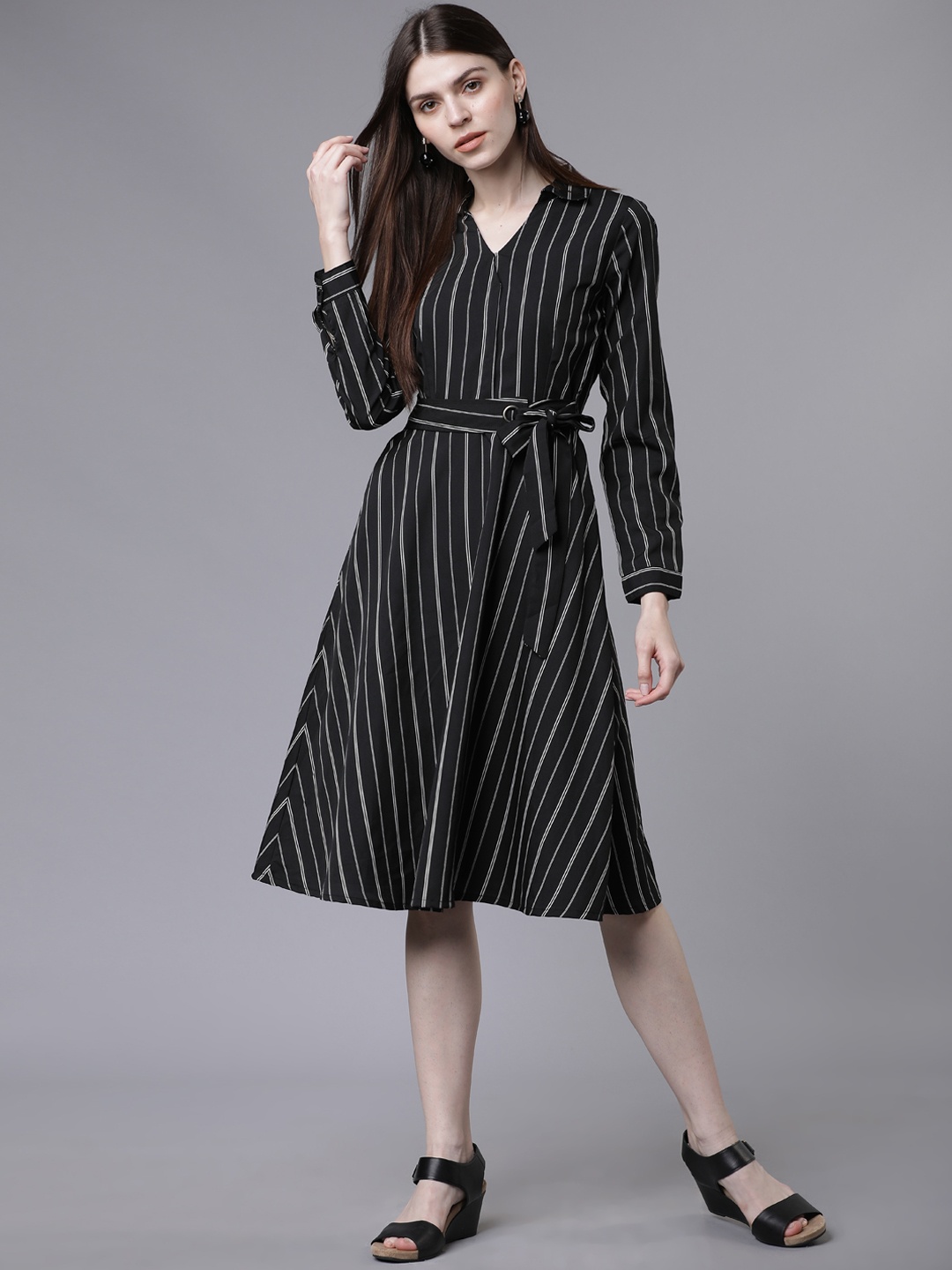

Tokyo Talkies Women Black Striped Fit and Flare Dress