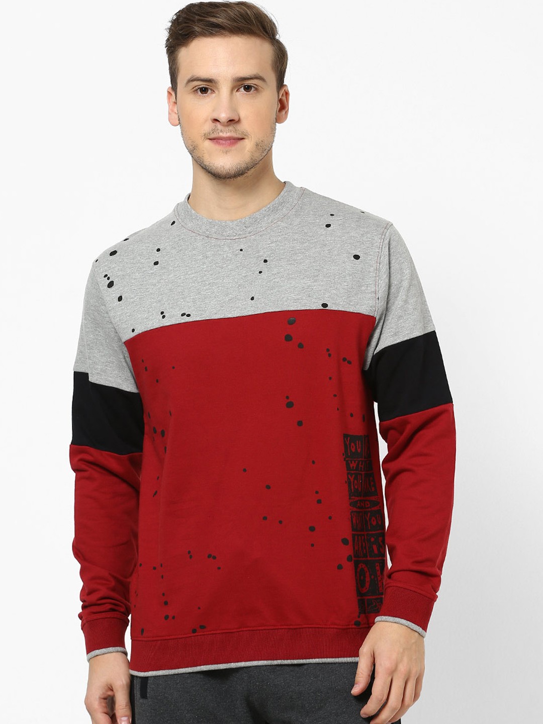 

FIDO DIDO Men Red & Grey Colourblocked Pullover Sweatshirt