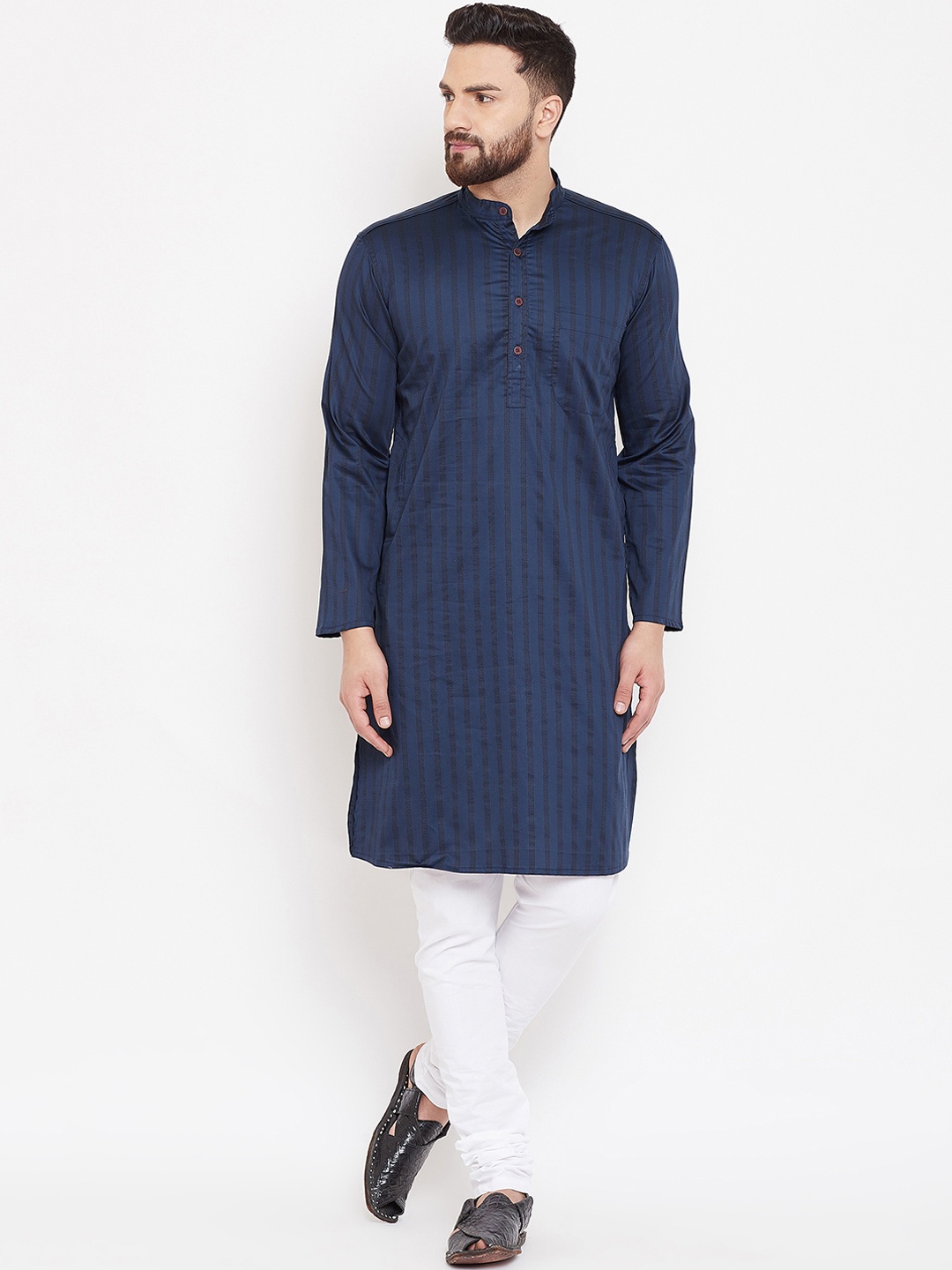 

even Men Navy Blue Striped Straight Kurta