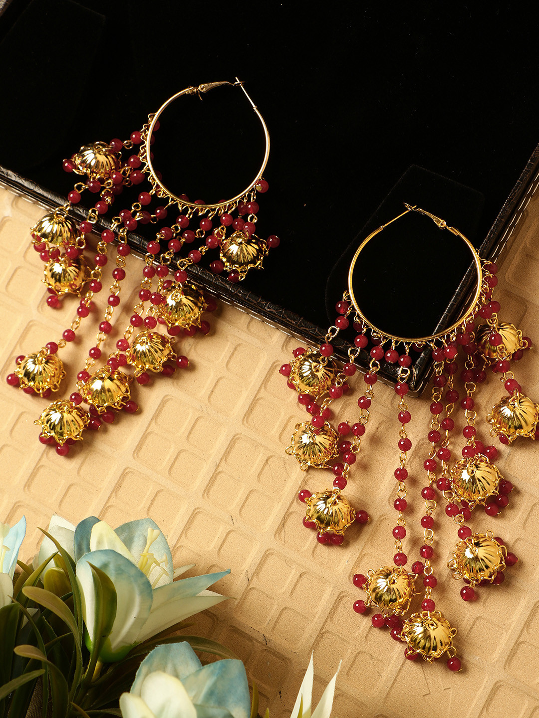 

ANIKAS CREATION Gold-Toned & Red Circular Hoop Earrings