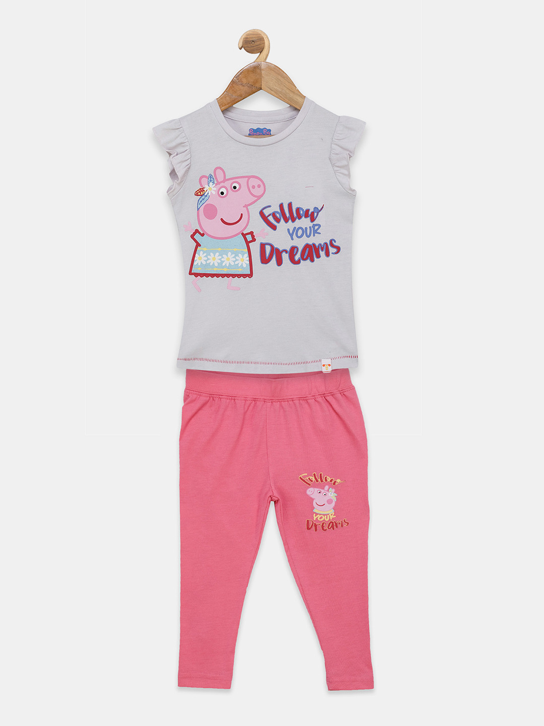 

toothless Girls Grey & Pink Peppa Pig Printed T-shirt with Trousers