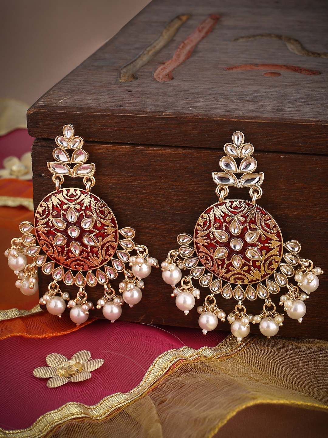 Shoshaa Red & Gold-Plated Kundan Classic Drop Earrings