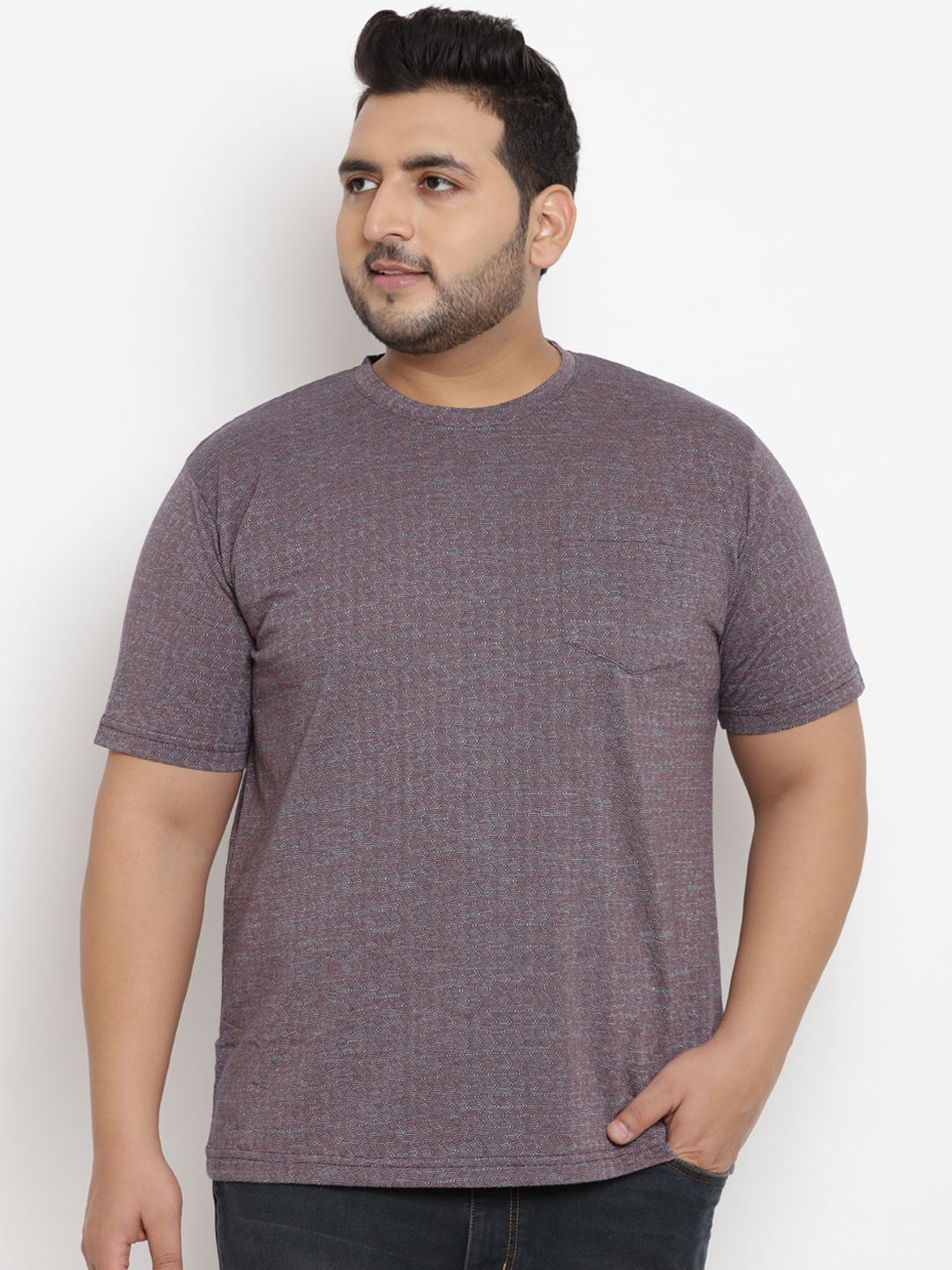 

John Pride Plus Size Men Rust Brown Grey Self Design Round Neck T-shirt