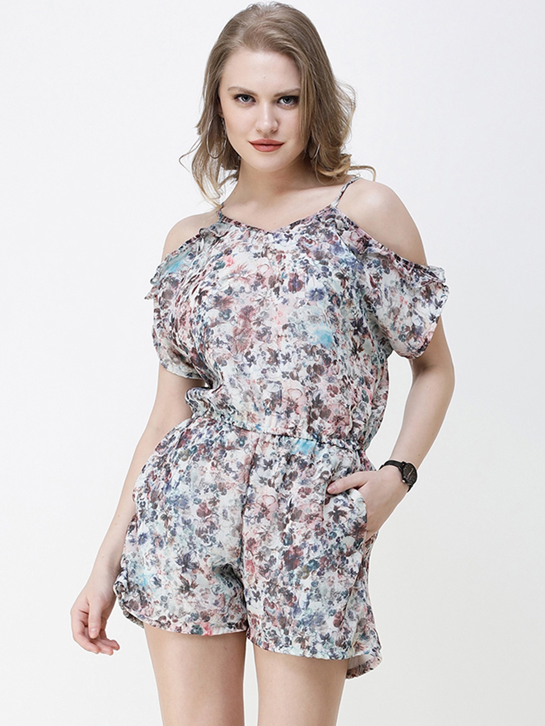 

Cation Women White & Blue Printed Playsuit