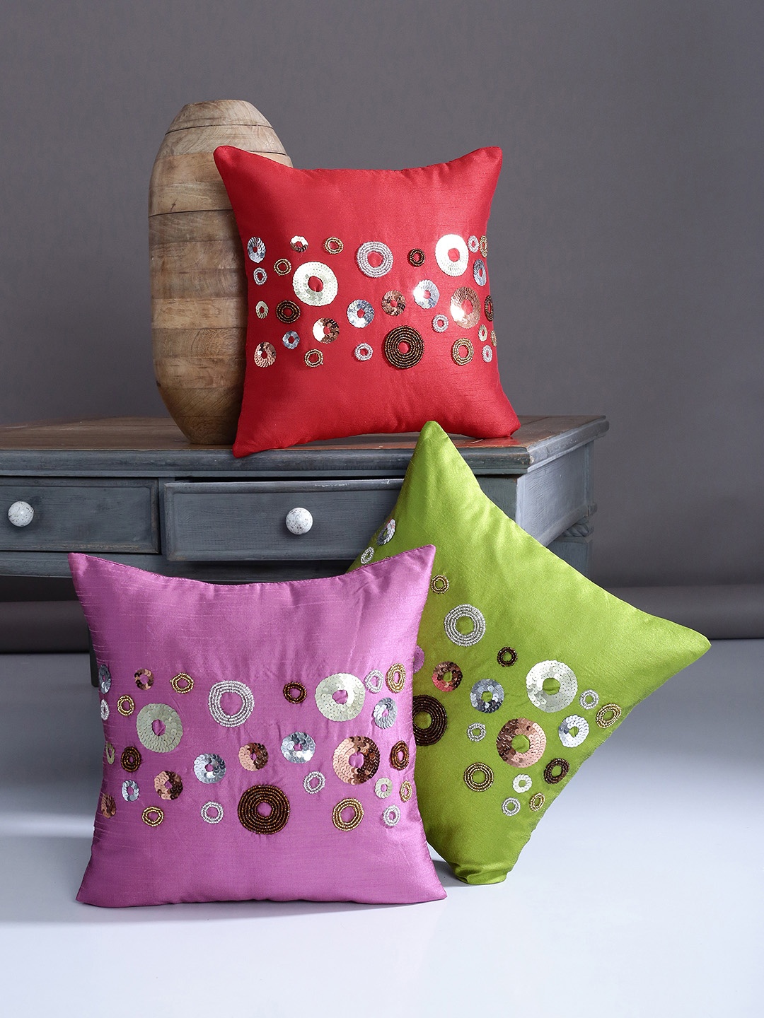 Alina decor Set of 3 Embellished Square Cushion Covers, Red