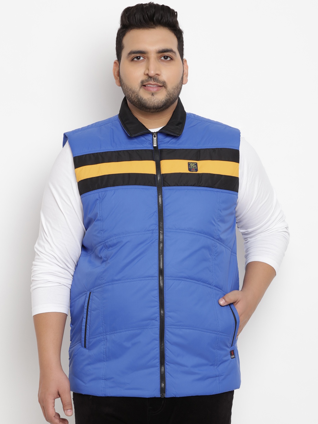 

John Pride Plus Size Men Blue Striped Padded Padded Sleeveless Jacket