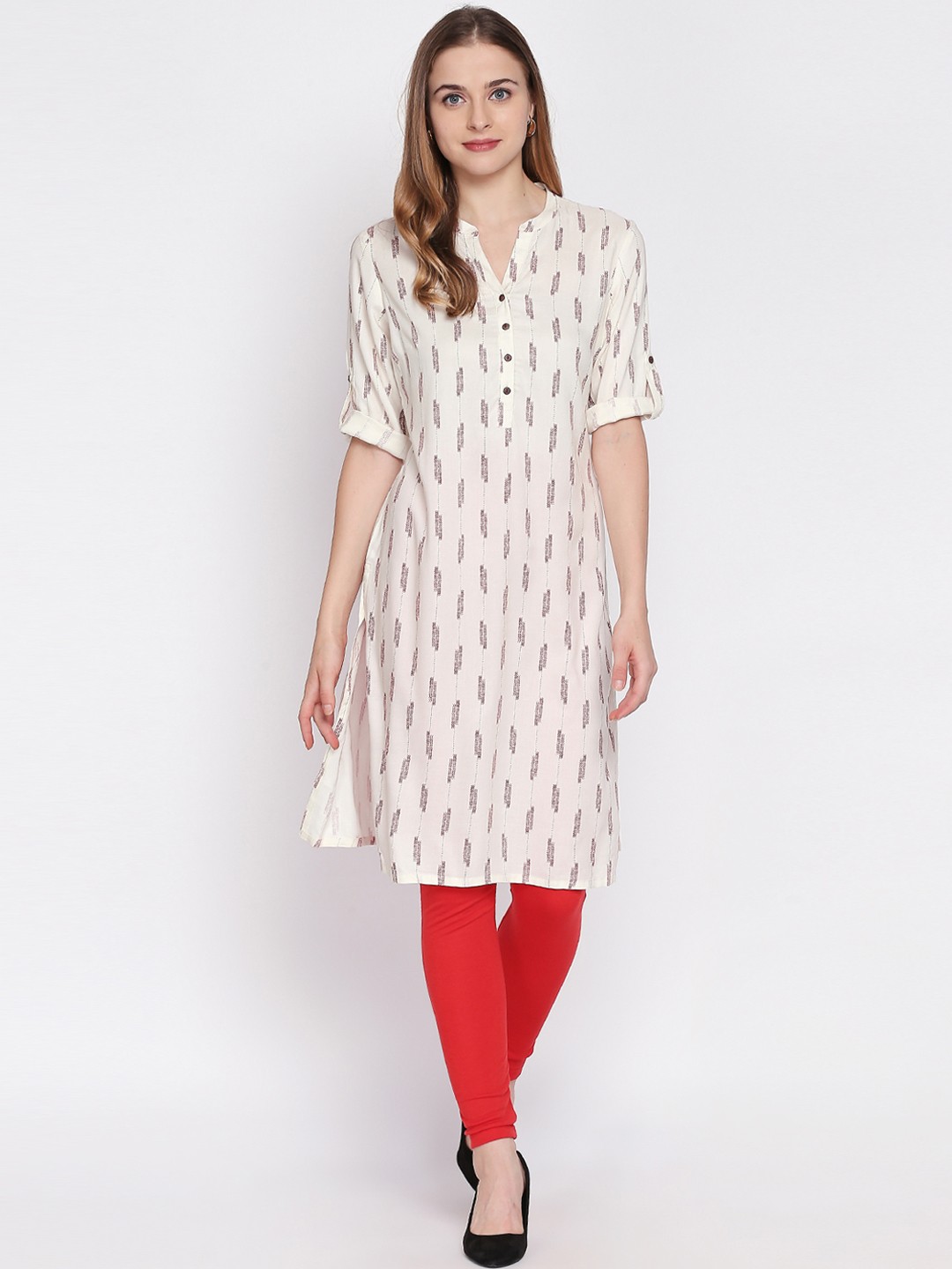 

RANGMANCH BY PANTALOONS Women Off-White & Black Printed Straight Kurta