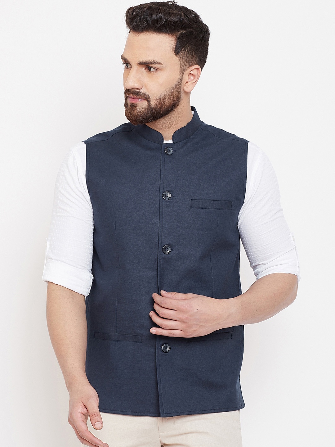 

even Men Blue Solid Linen Nehru Jacket, Navy blue