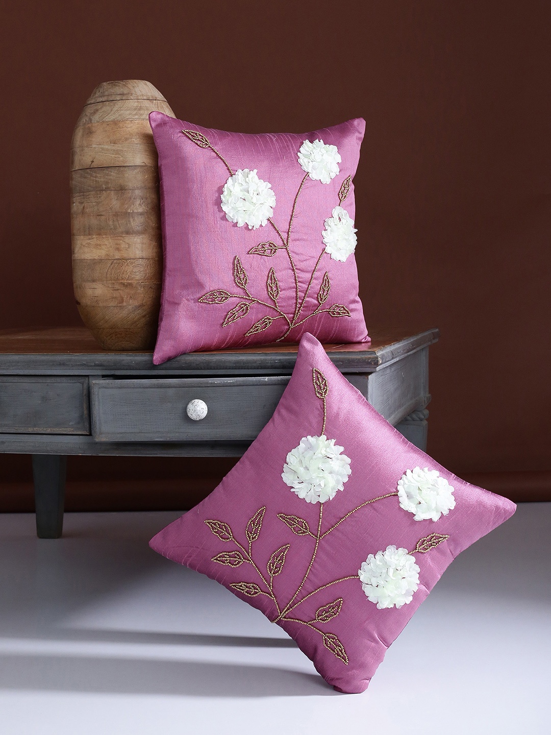 Alina decor Pink Set of 2 Embellished Square Cushion Covers