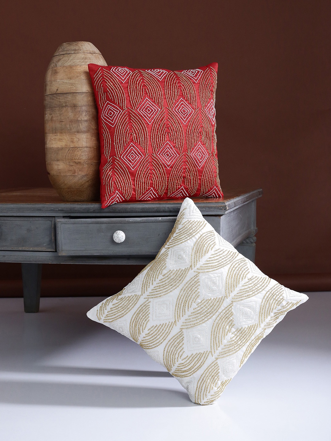 

Alina decor Red & White Set of 2 Embellished Square Cushion Covers
