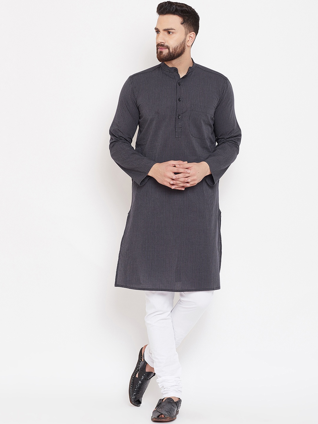 

even Men Grey & Black Striped Straight Kurta