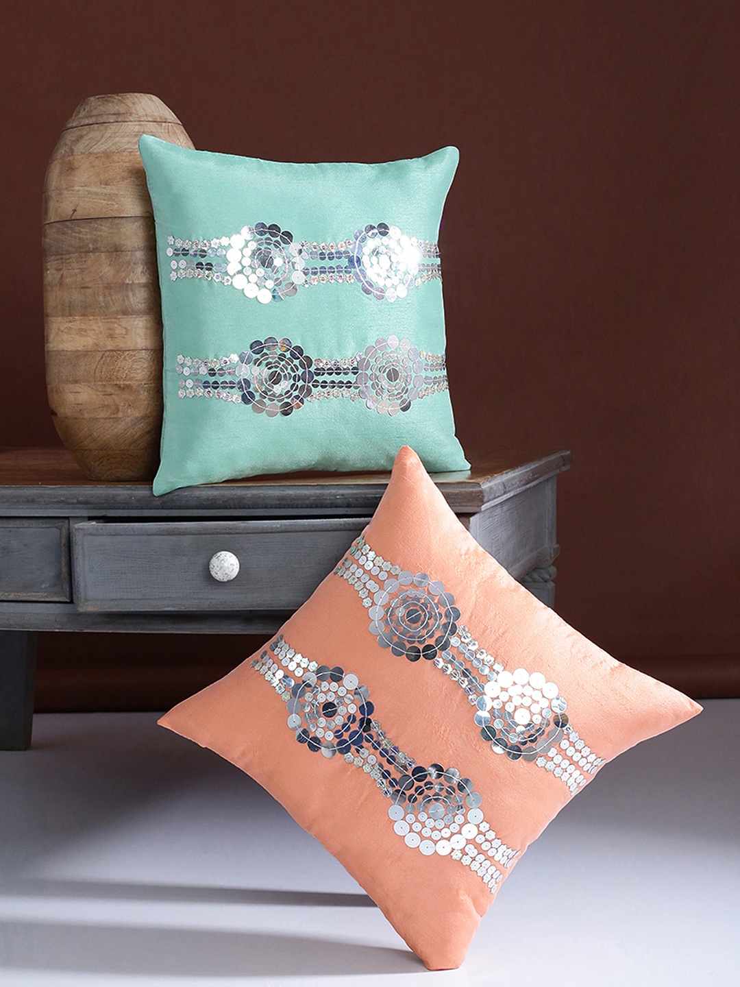 Alina decor Peach-Coloured & Sea Green Set of 2 Embellished Square Cushion Covers