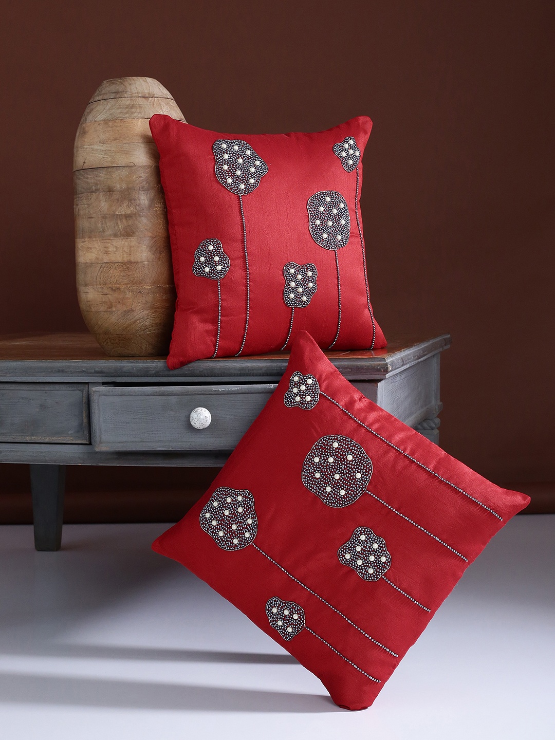 

Alina decor Red Set of 2 Solid Square Cushion Covers