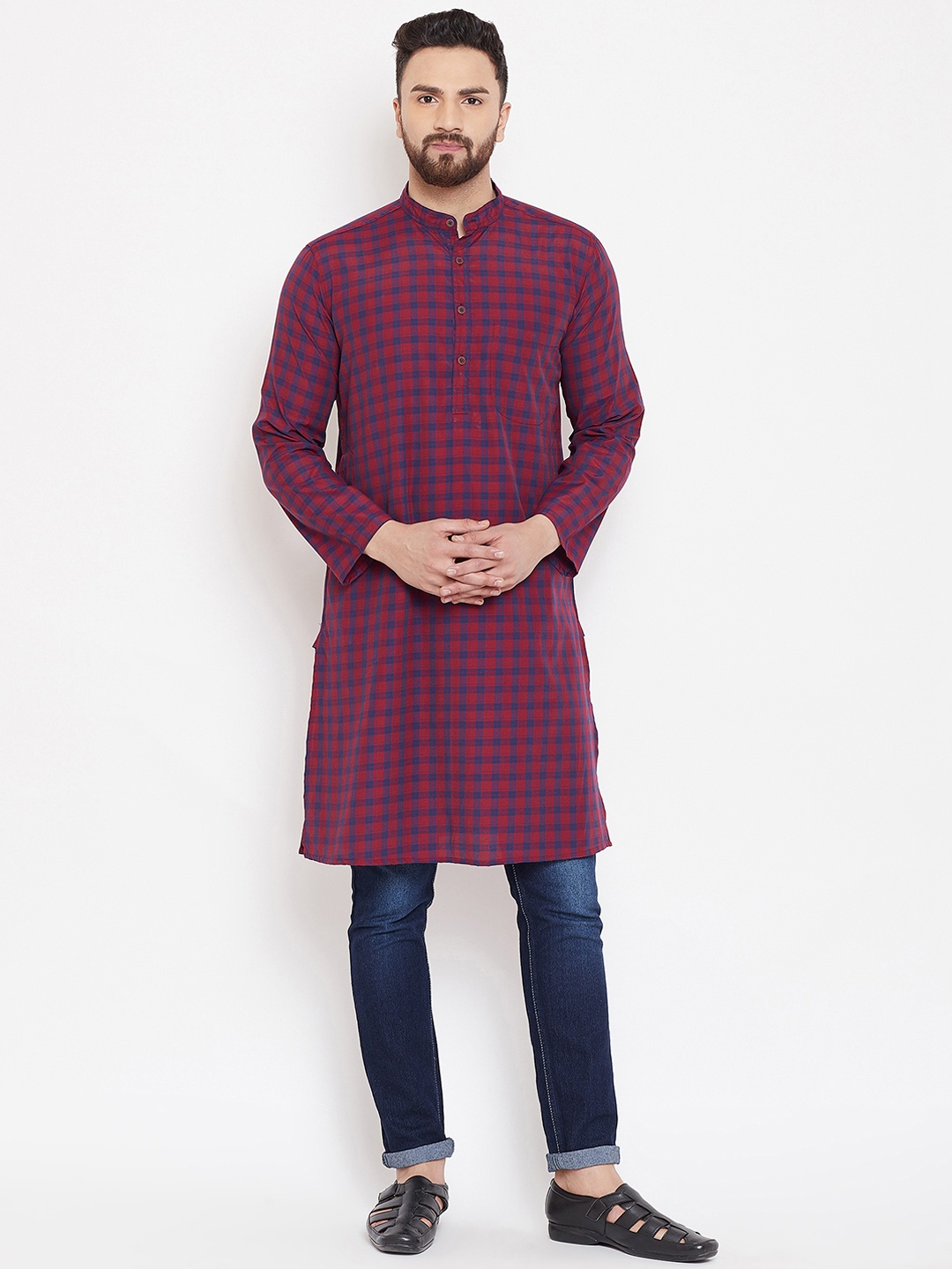 

even Men Red & Blue Checked Straight Kurta