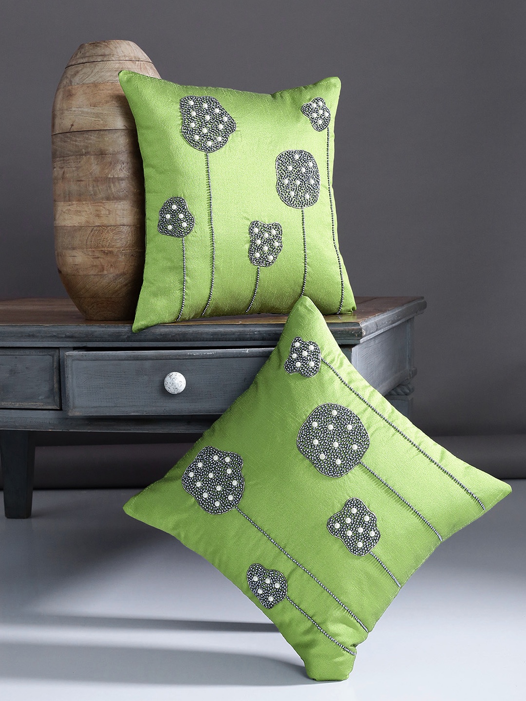

Alina decor Green Set of 2 Embellished Square Cushion Covers