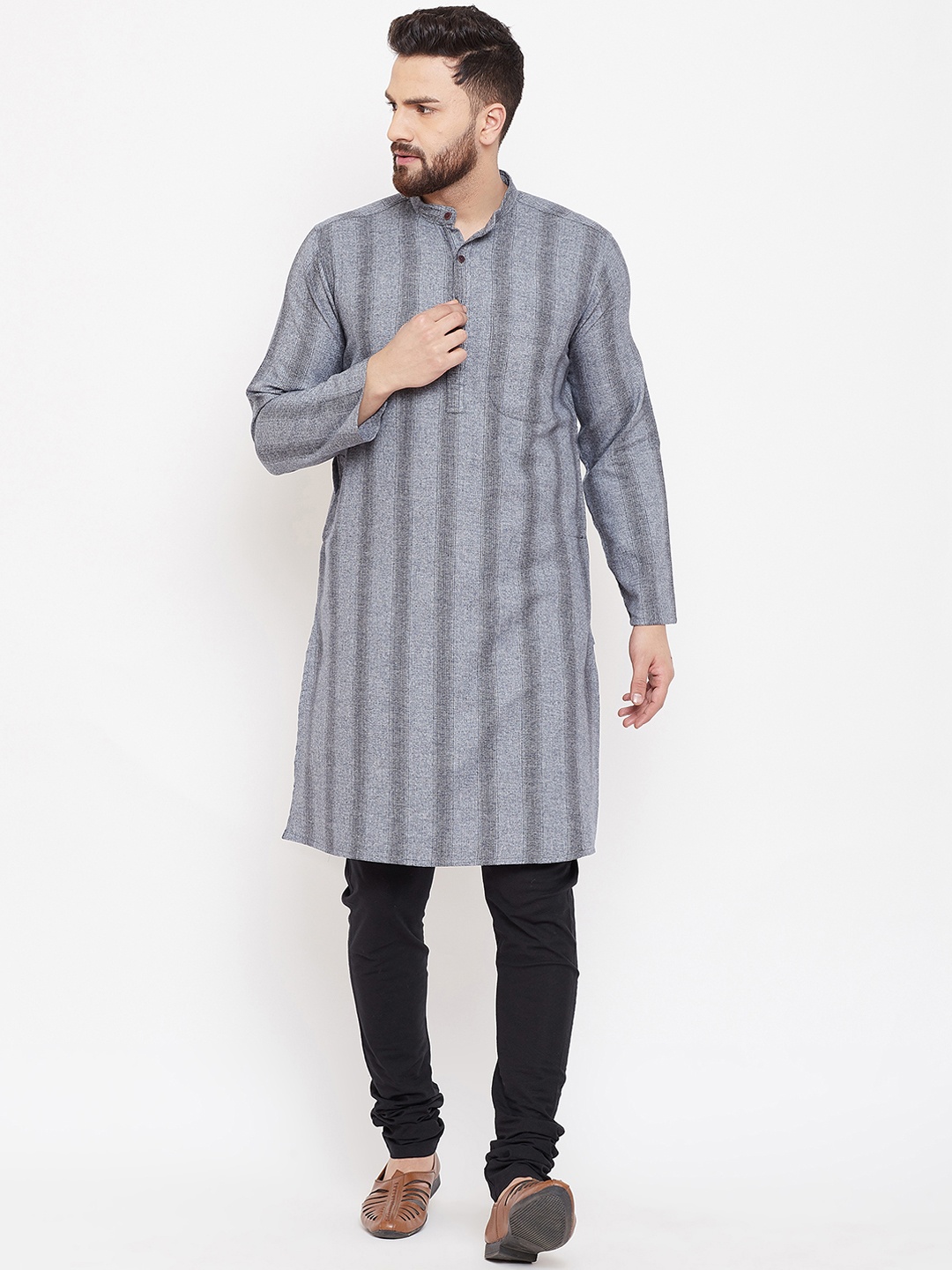 

even Men Grey Striped Straight Kurta